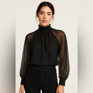 Notebuk black sheer tulle polka dot pattern long sleeve blouse top